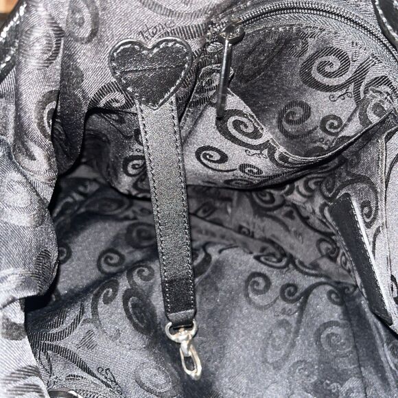 Brighton Leopard Print Satchel Tote Bag Black Patent Trim Woven Handles Filigree - Picture 9 of 11